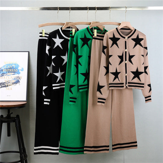 Star Print Cardigan and Wide-Leg Pants Set