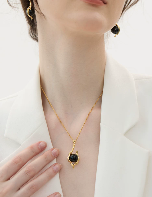 Black Onyx Drop Bead Pendant Necklace