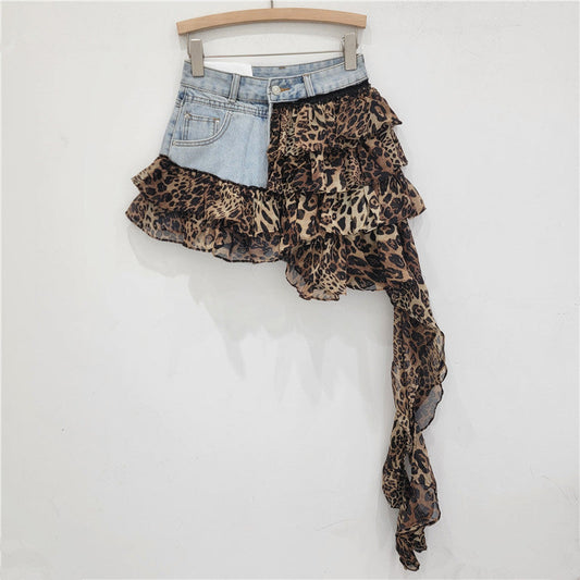 Asymmetrical Denim & Animal Print Ruffle Skirt