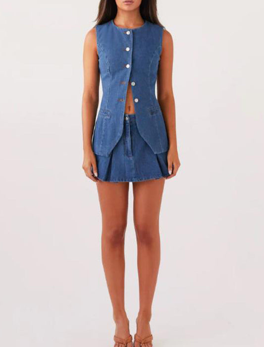 Denim Button-Up Vest and Skirt Set
