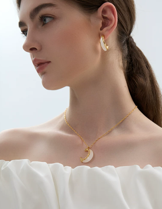 Crescent White Jade Pendant Necklace