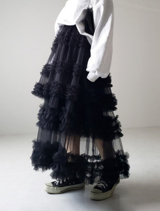 Layered Ruffle Tulle Maxi Skirt